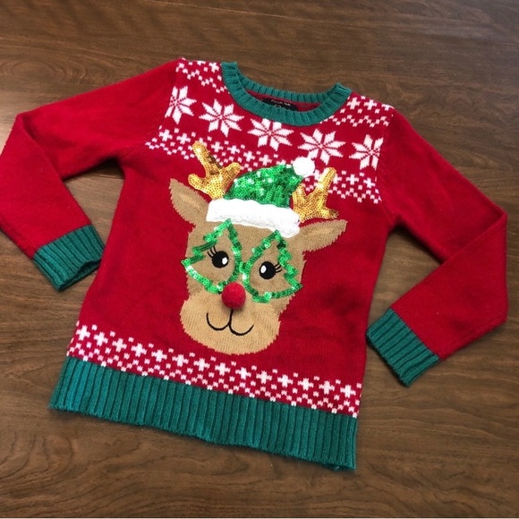 It's Our Time Juniors Red Sequin Reindeer Elf Holiday Christmas Sweater - Picture 1 of 6